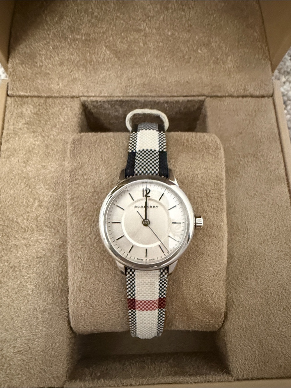 Burberry Silver Dial Watch with Beige Black and Red Check Strap